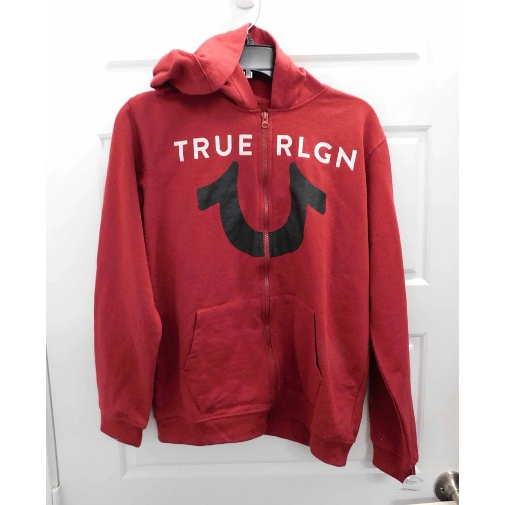 True Religion Men's Large Logo Full Zip-Up Hoodie Sweatshirt‎ Red Dahlia